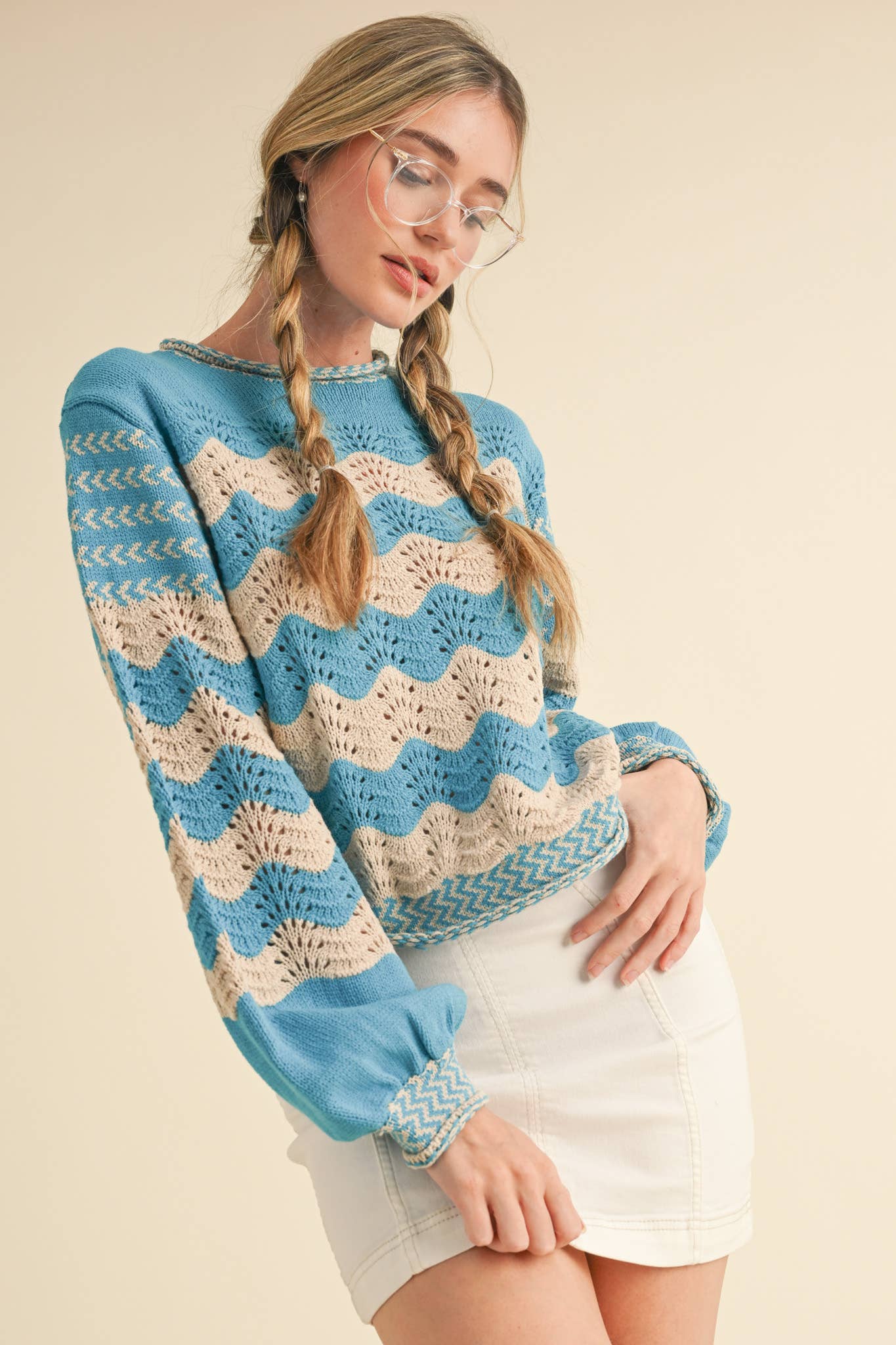 Wavy Striped Puff Sleeve Sweater