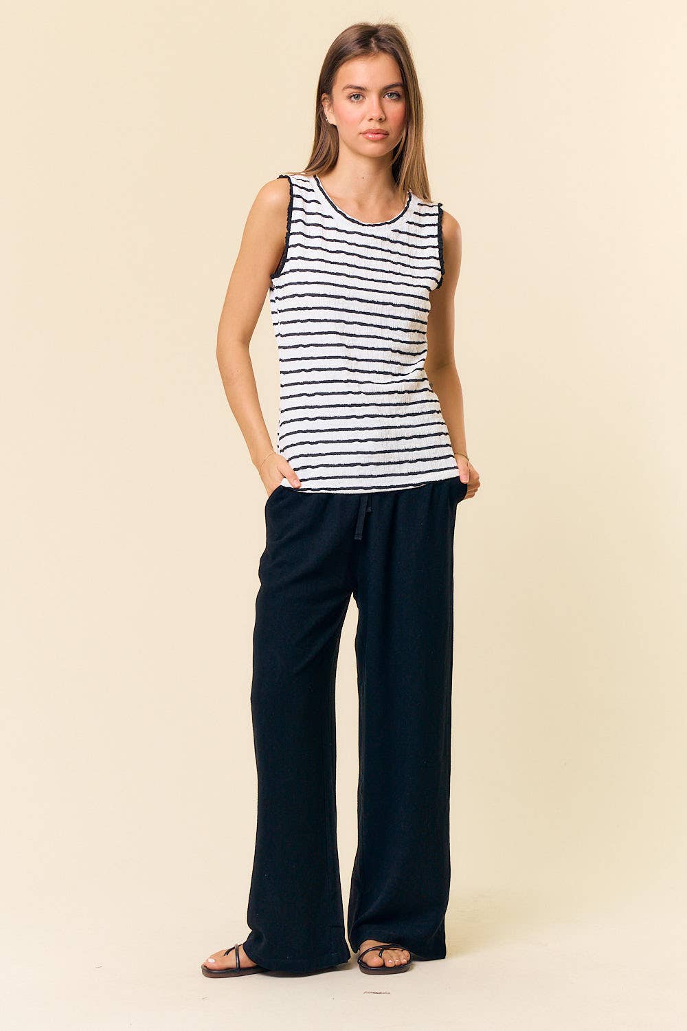 Textured Striped Knit Ruffle Tank Top