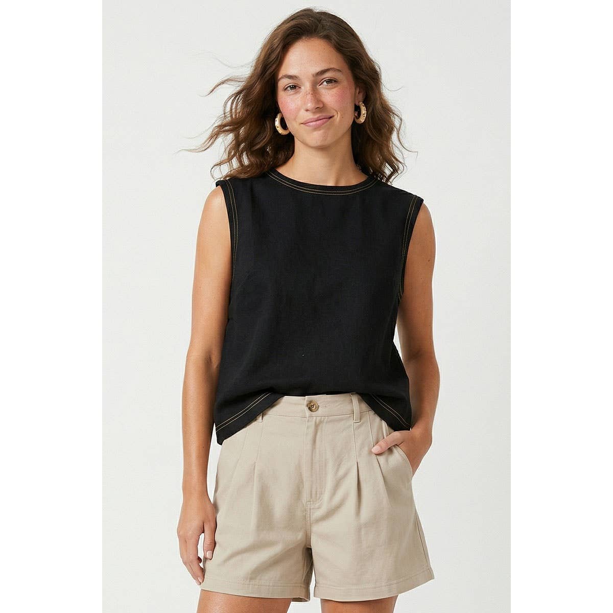 Round Neck Garment Wash Sleeveless Top