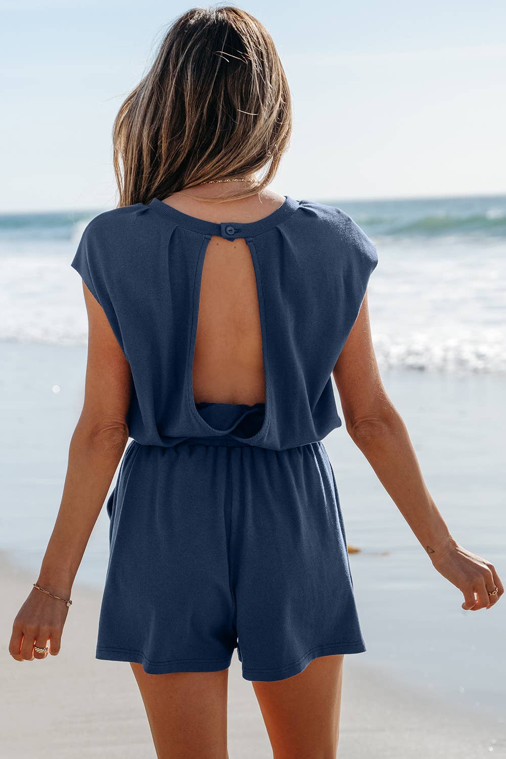 Knit Open Back Cap Sleeve Drawstring Romper