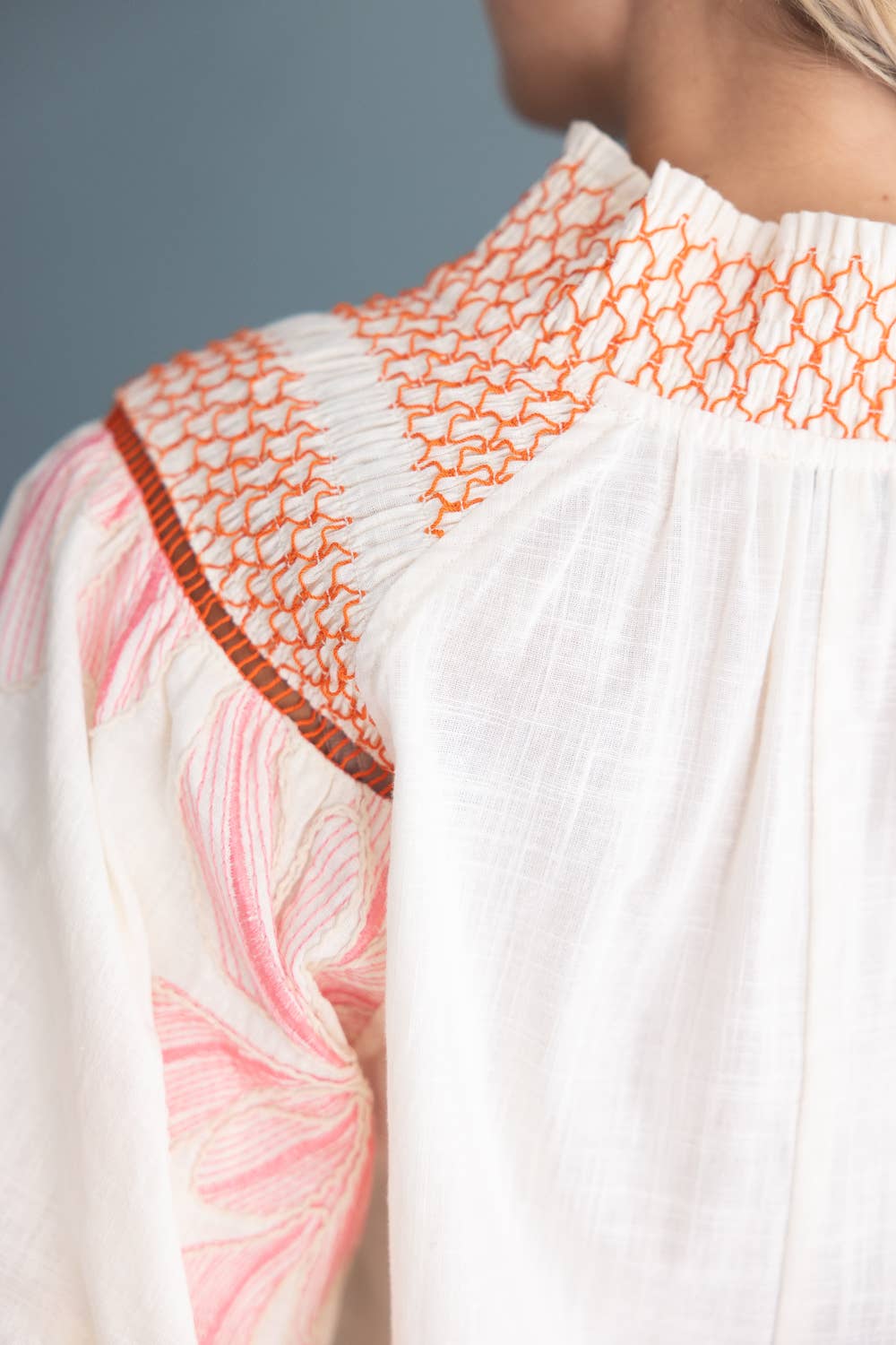 Floral Embroidery Contrast Smocked Neck Top
