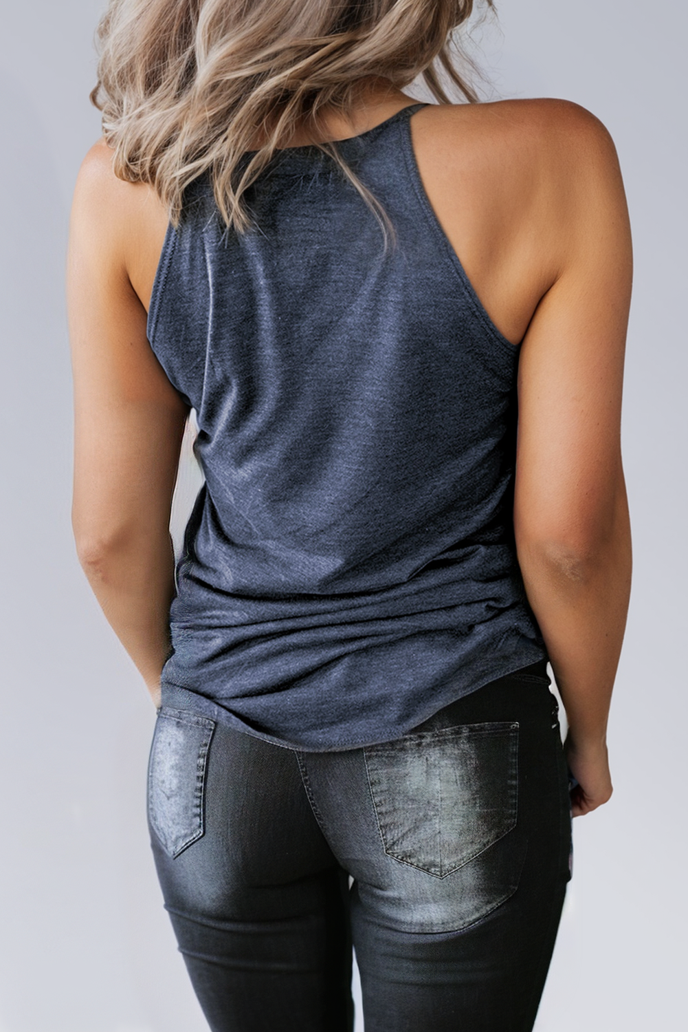 Blue Solid Color Crew Neck Tank Top