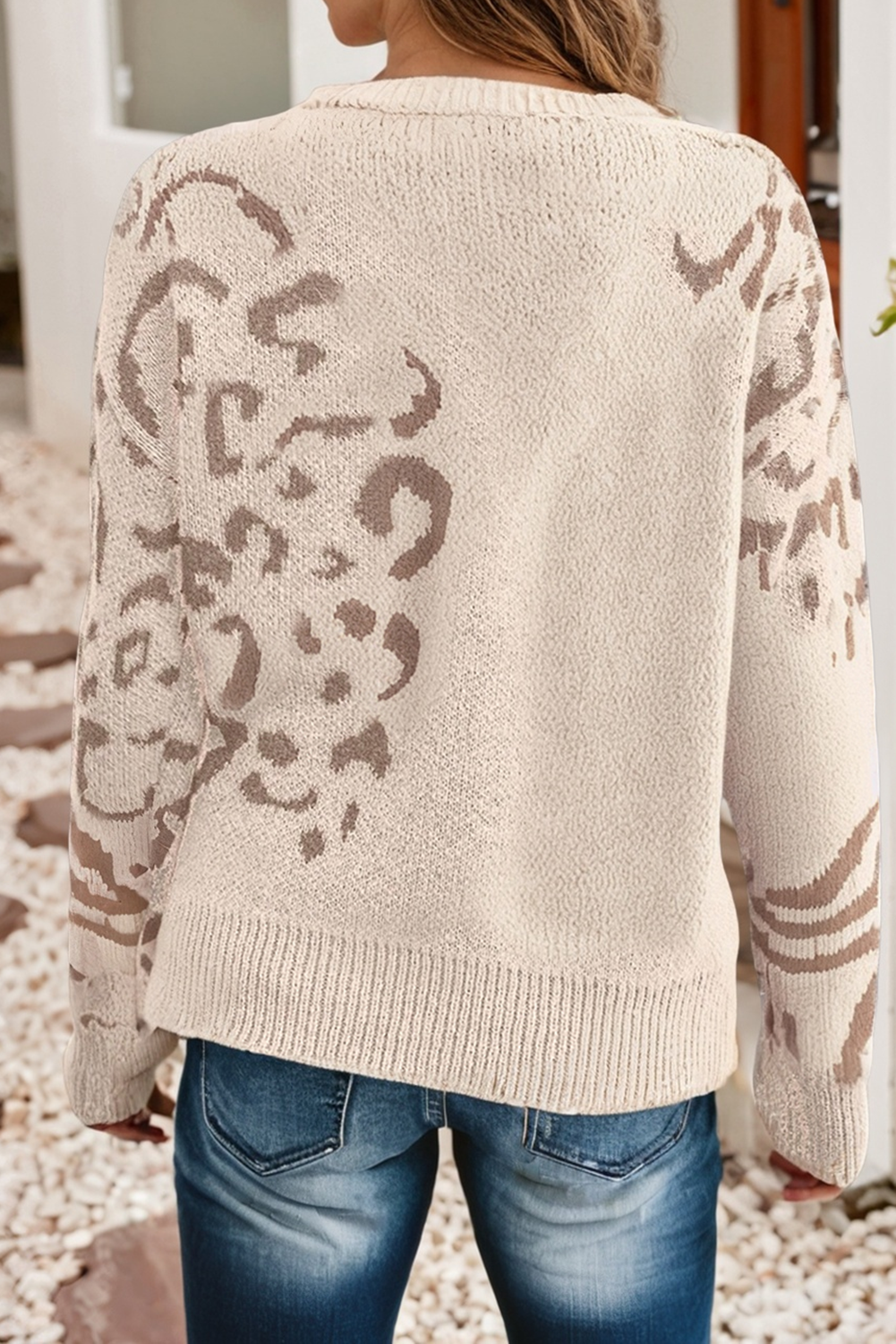 Leopard Print Detail Drop Shoulder Sweater
