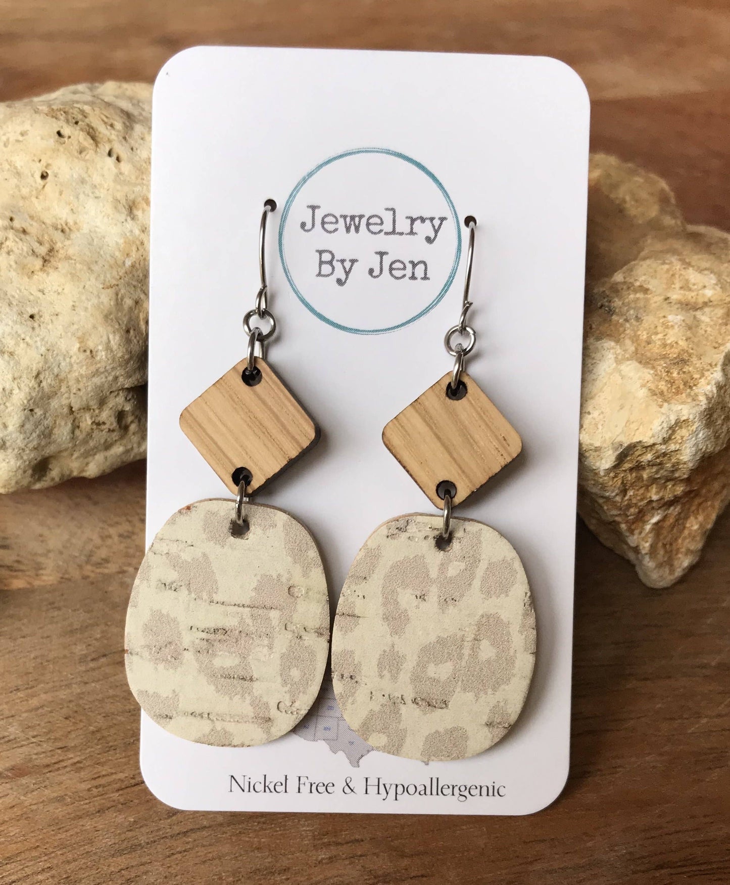 White Oak Diamond & Cream Leopard Cork Earrings