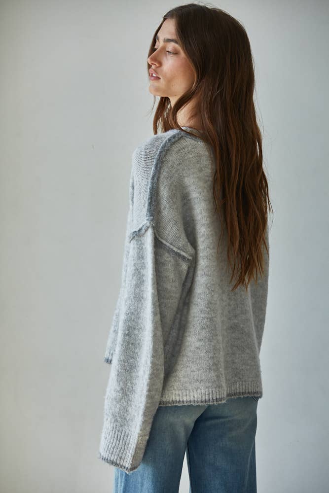 Knit Sweater Crew Neck Pullover Top With Rolled Edge