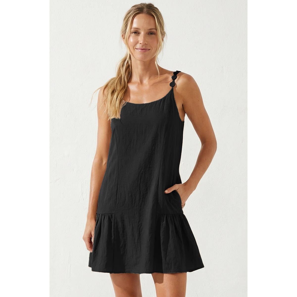 Button Detail Ruffle Mini Dress