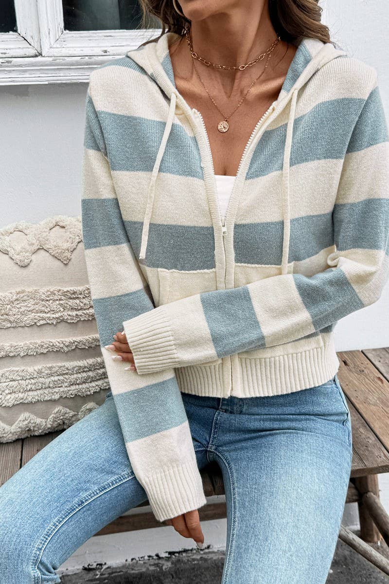 Striped Hooded Zip-up Sweater