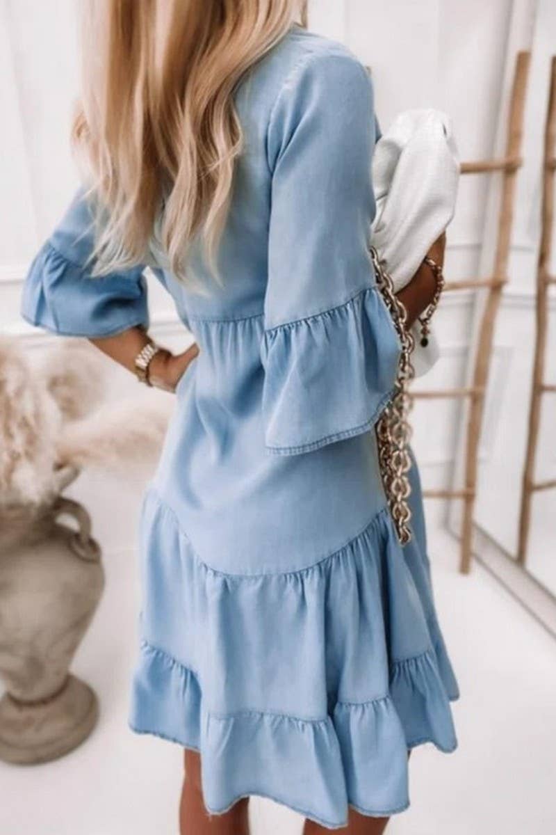 V-NECK HALF SLEEVE WASHED DENIM DRESS
