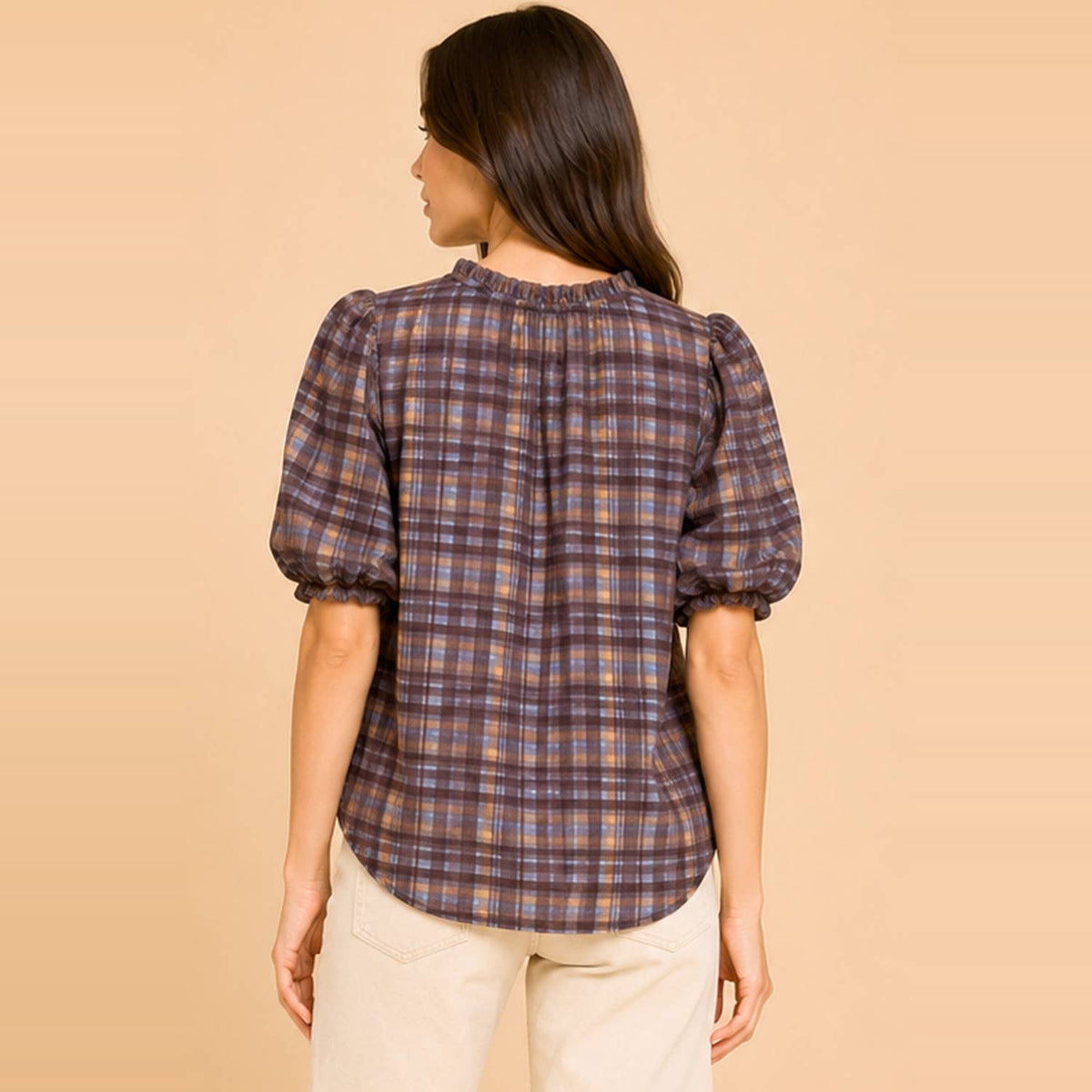 Plaid Puff Sleeve Ruffle Neck Blouse