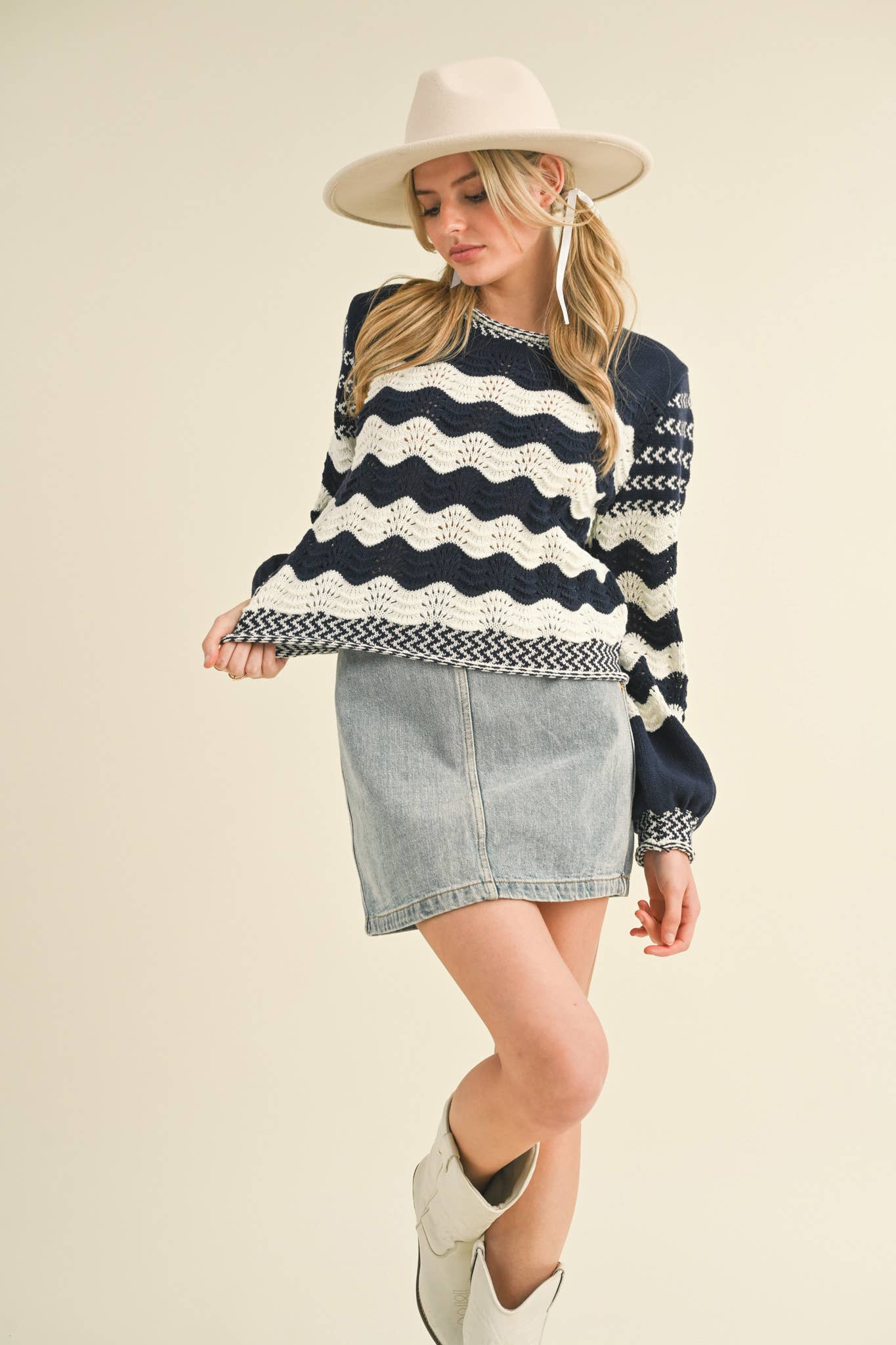 Wavy Striped Puff Sleeve Sweater