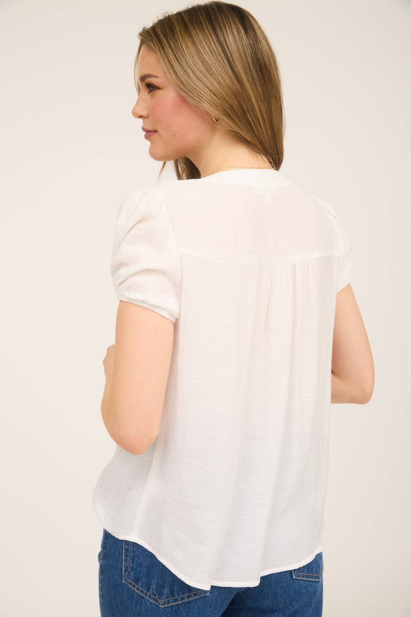 White or Navy Eyelet Top with Puff Sleeves