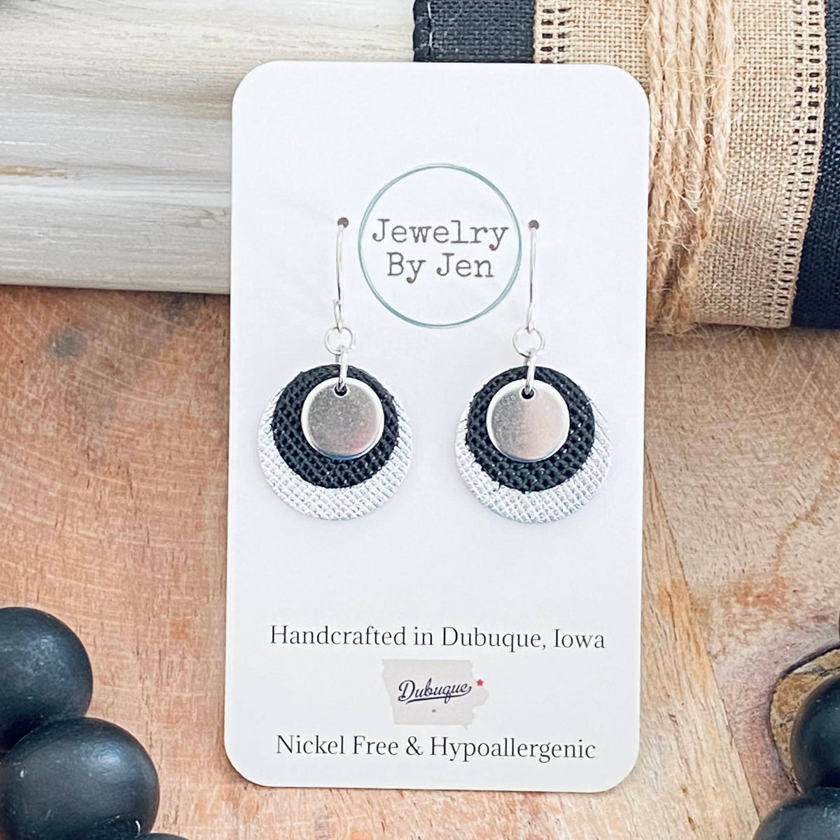 Round Layered Earrings: Silver & Black w/Metal Accent
