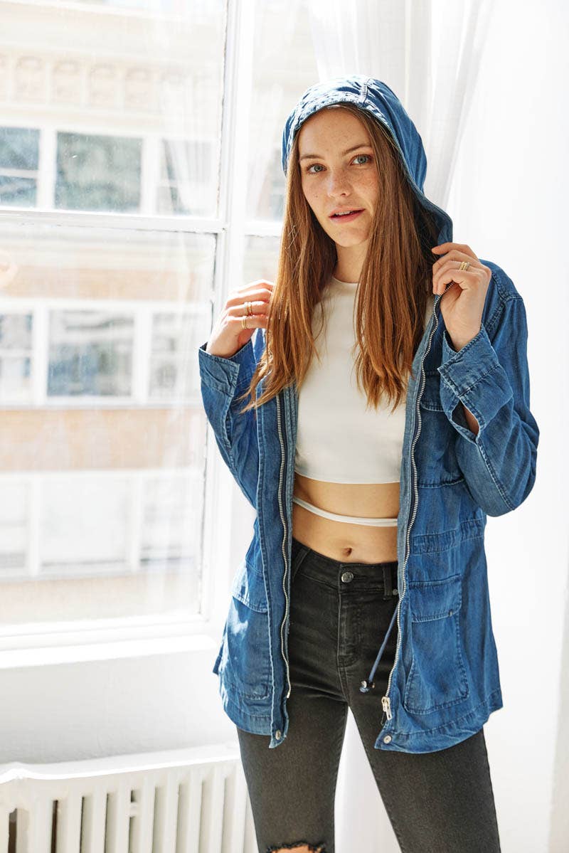 Hooded Chambray Utility Denim Jacket
