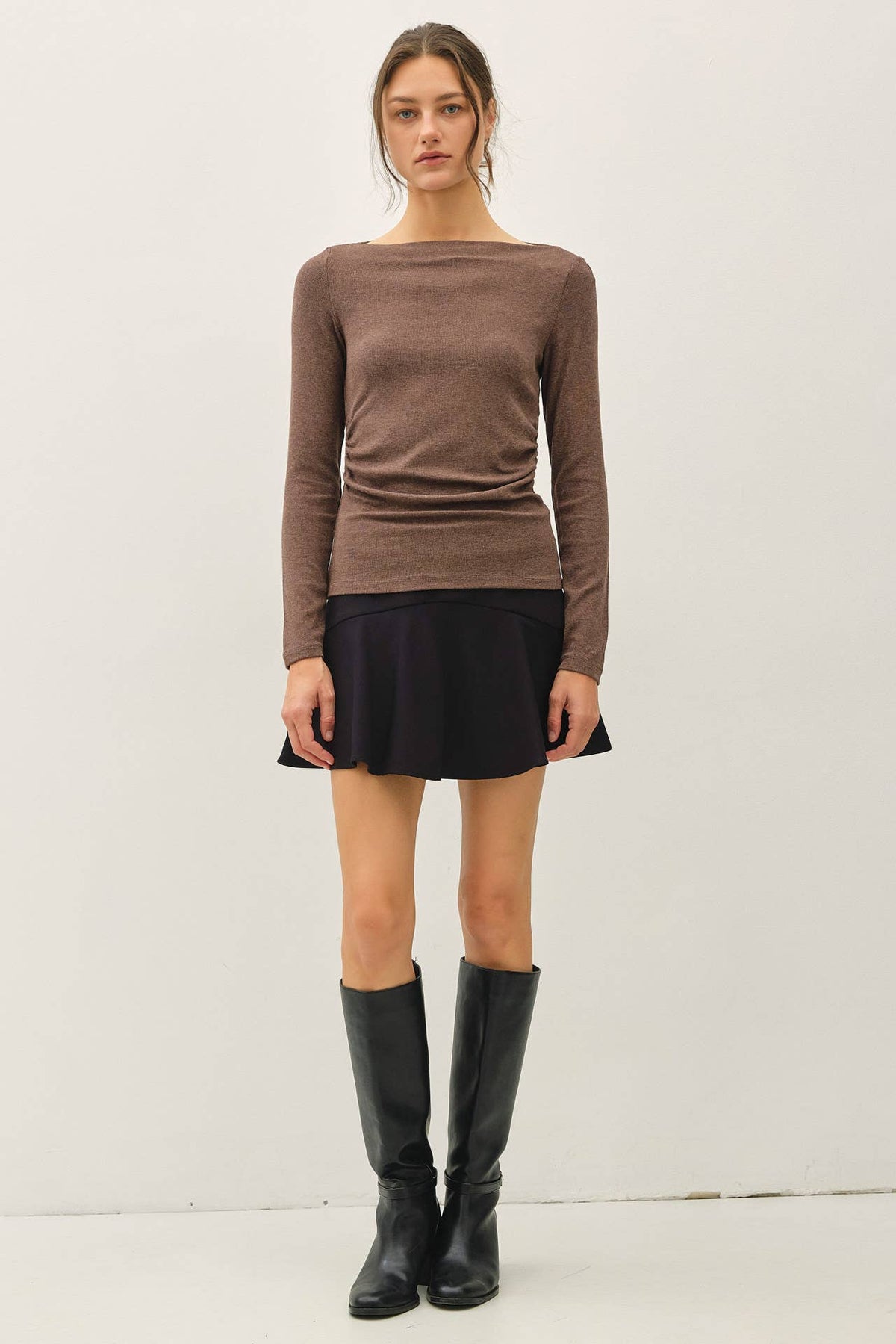 Classic Ribbed Boat Neck Shirred Waist Top