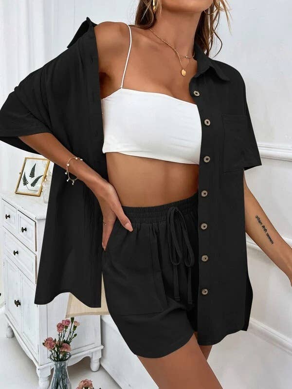 Sweetkama Ladies Solid Color Top and Short Set Daily Set