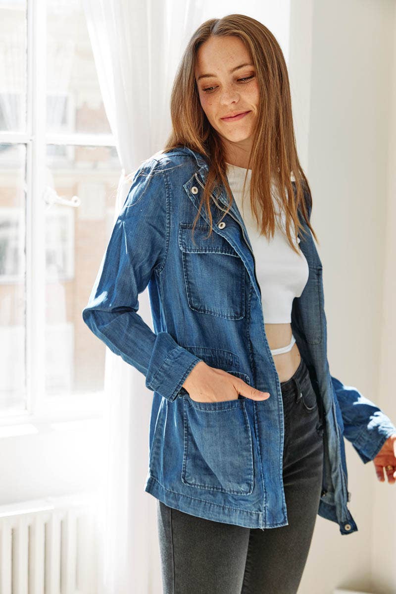 Hooded Chambray Utility Denim Jacket