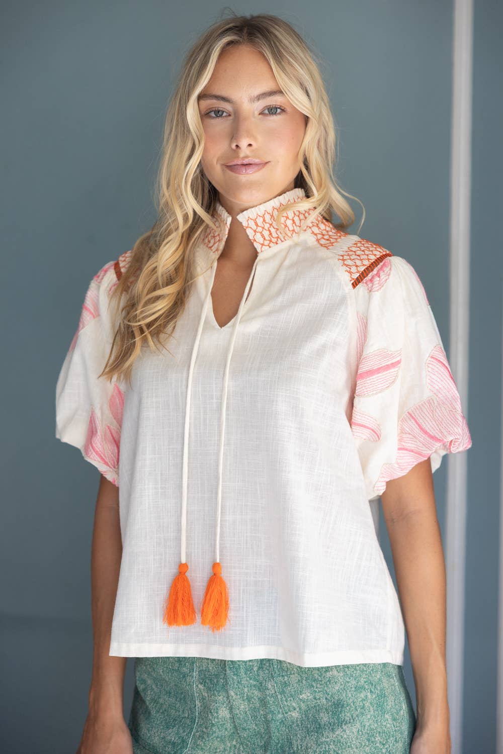 Floral Embroidery Contrast Smocked Neck Top