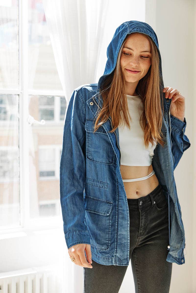 Hooded Chambray Utility Denim Jacket