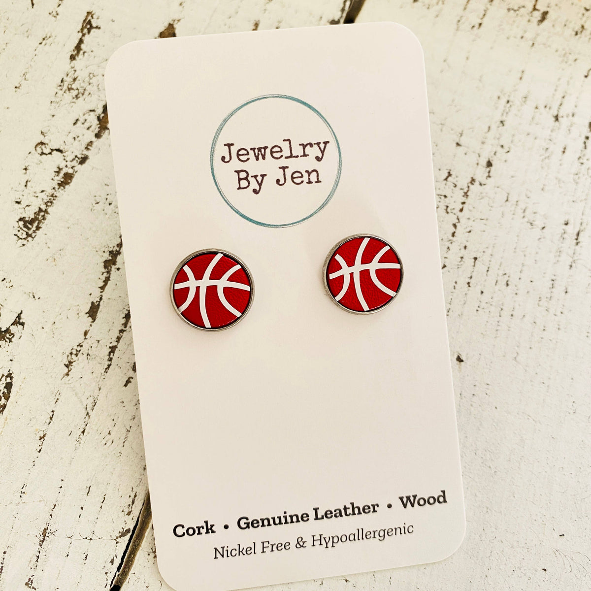 Stud Earrings: Red & White Basketball