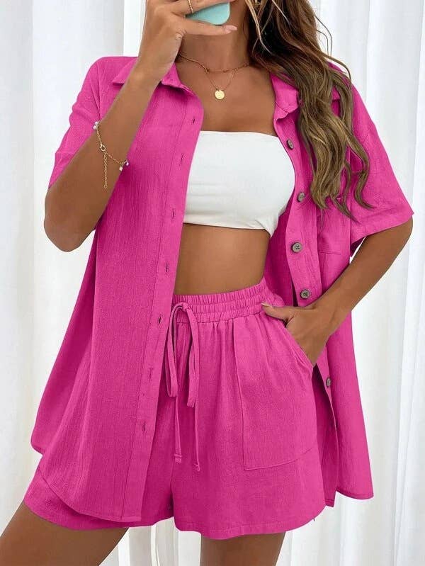 Sweetkama Ladies Solid Color Top and Short Set Daily Set