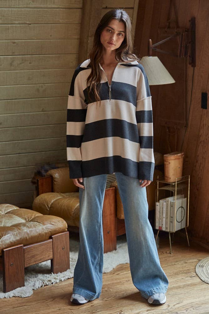 Knit Striped Turtleneck Half Zip Up Sweater