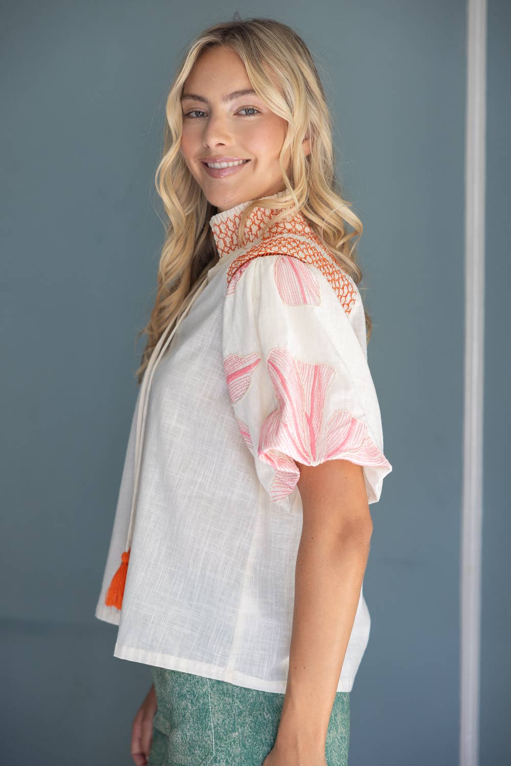Floral Embroidery Contrast Smocked Neck Top