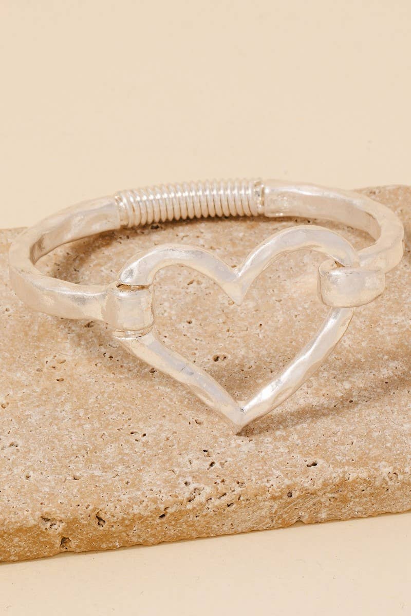 Hammered Heart Coil Spring Hook Bangle Bracelet