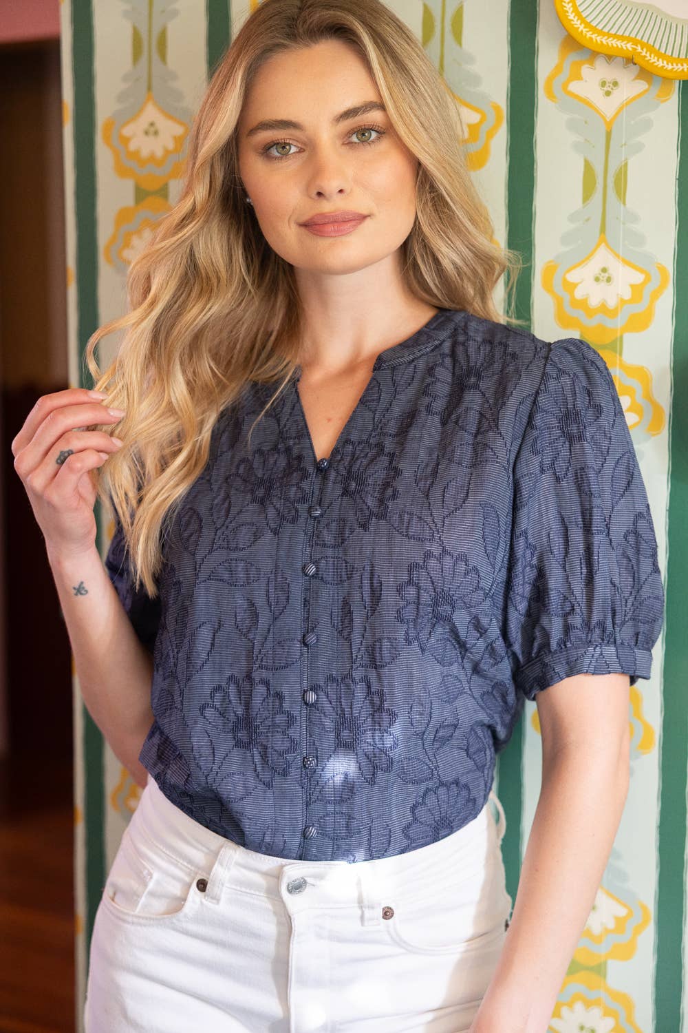 Button Down Floral Textured Top