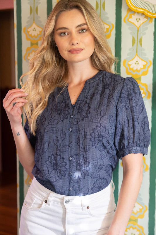 Button Down Floral Textured Top