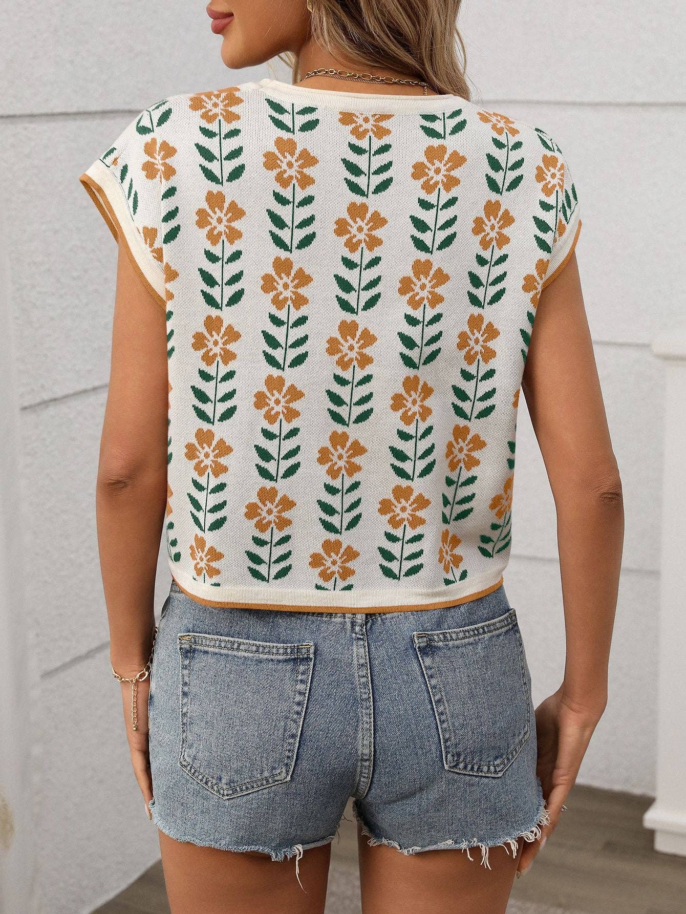 Retro Floral Knit Short Sleeve Vintage Pullover Sweater Vest