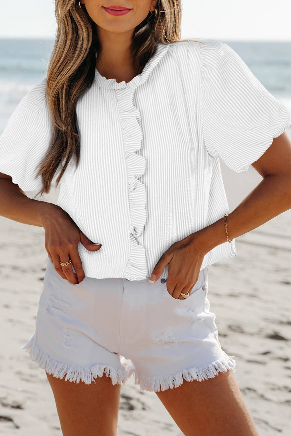 Texture Striped Ruffled Shirt