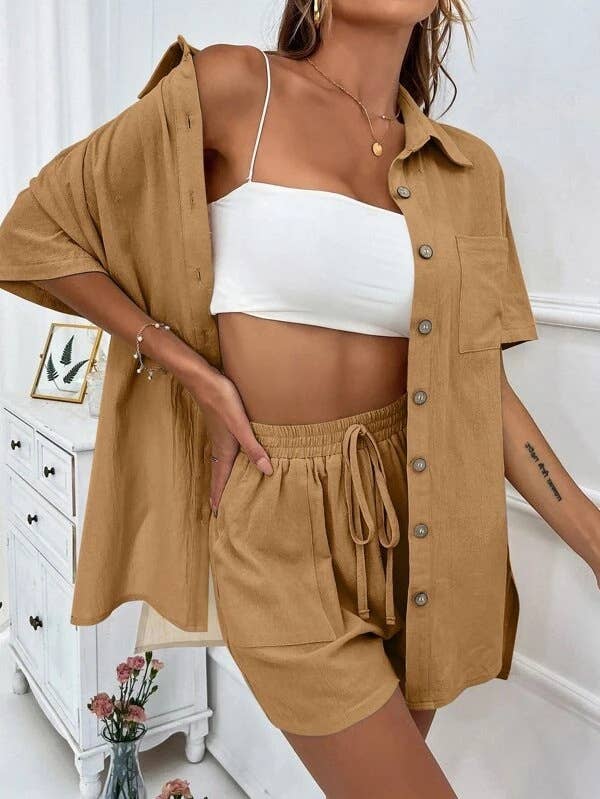 Sweetkama Ladies Solid Color Top and Short Set Daily Set