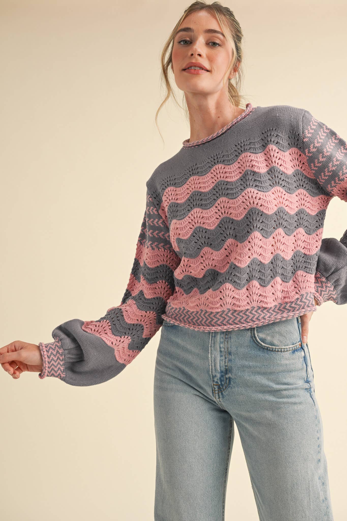 Wavy Striped Puff Sleeve Sweater