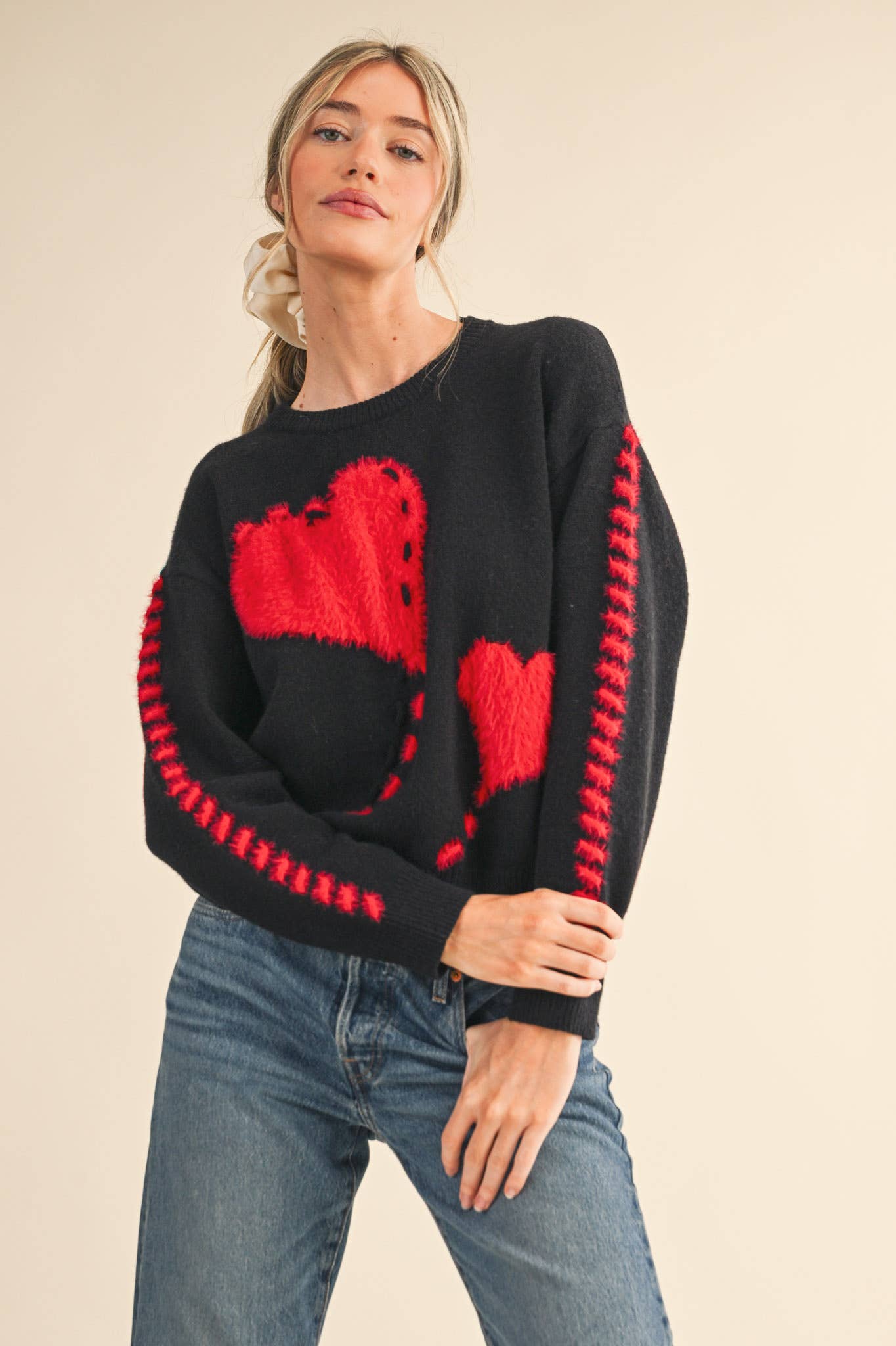 Fuzzy Heart Knit Sweater