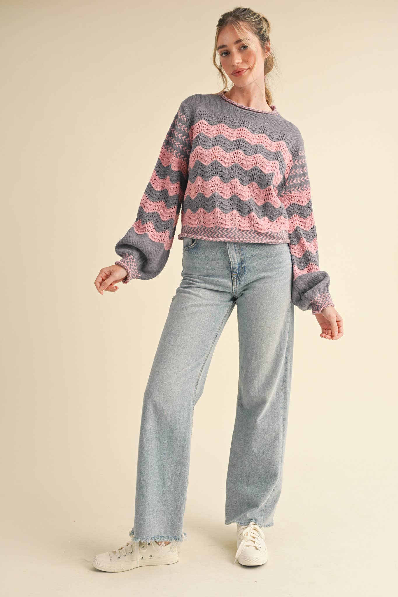 Wavy Striped Puff Sleeve Sweater
