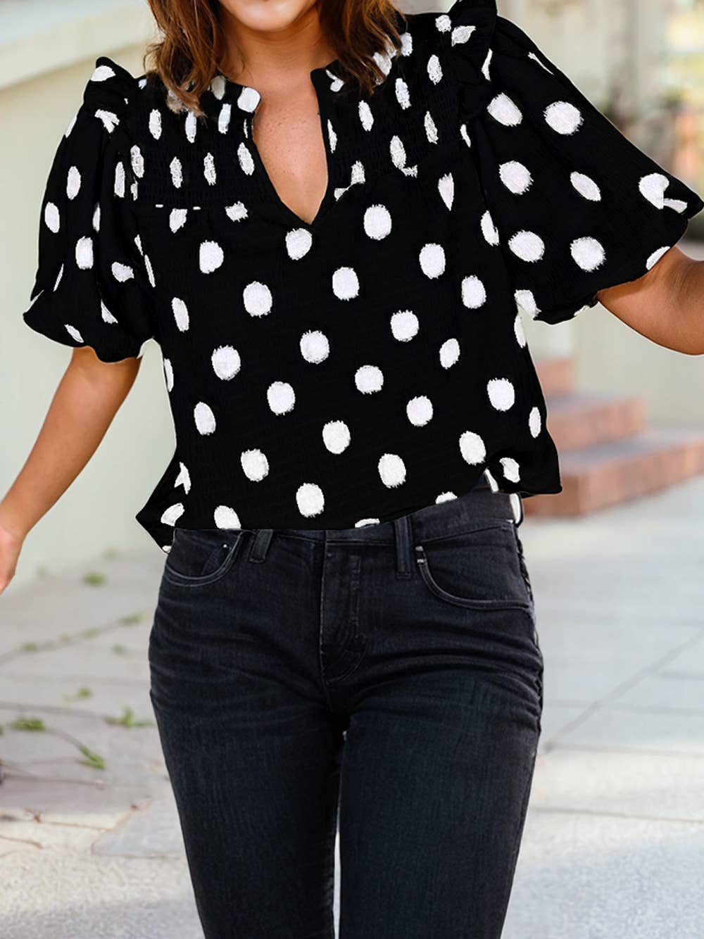 Polka Dot Balloon Sleeve Blouse