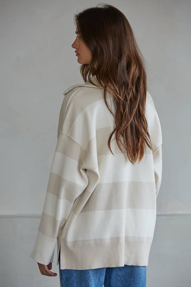 Knit Striped Turtleneck Half Zip Up Sweater