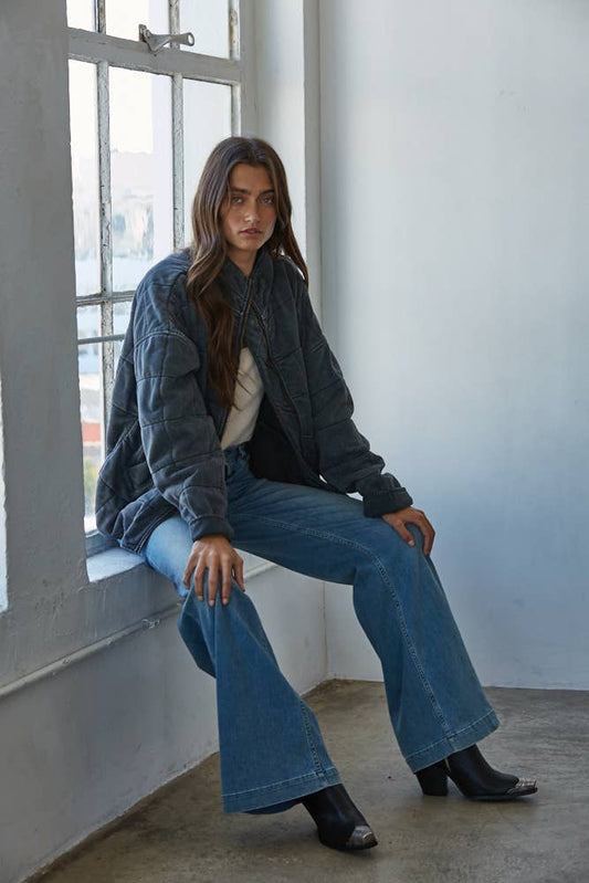 Long Sleeve Quilted Knit Mineral Washed Jacket