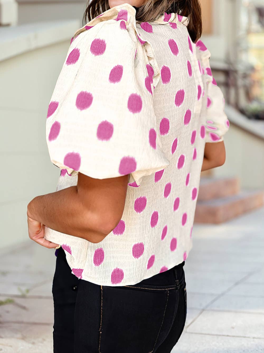 Polka Dot Balloon Sleeve Blouse