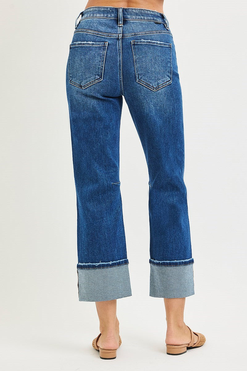 Risen High Rise Straight Distressed Hem Jeans