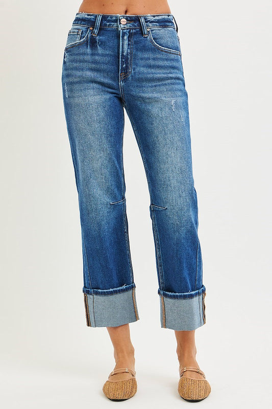 Risen High Rise Straight Distressed Hem Jeans
