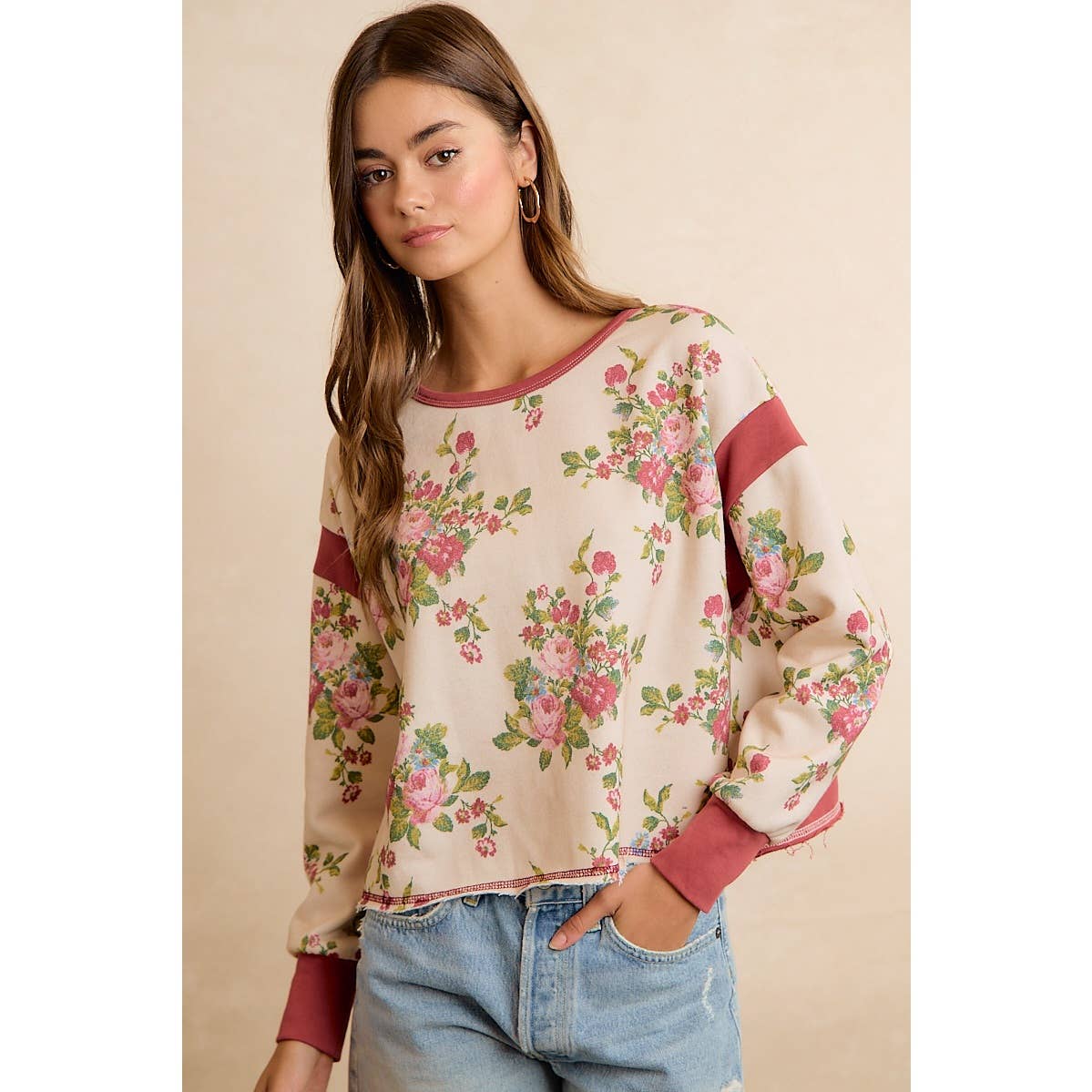 Floral Brushed Terry Open Back Long Sleeves