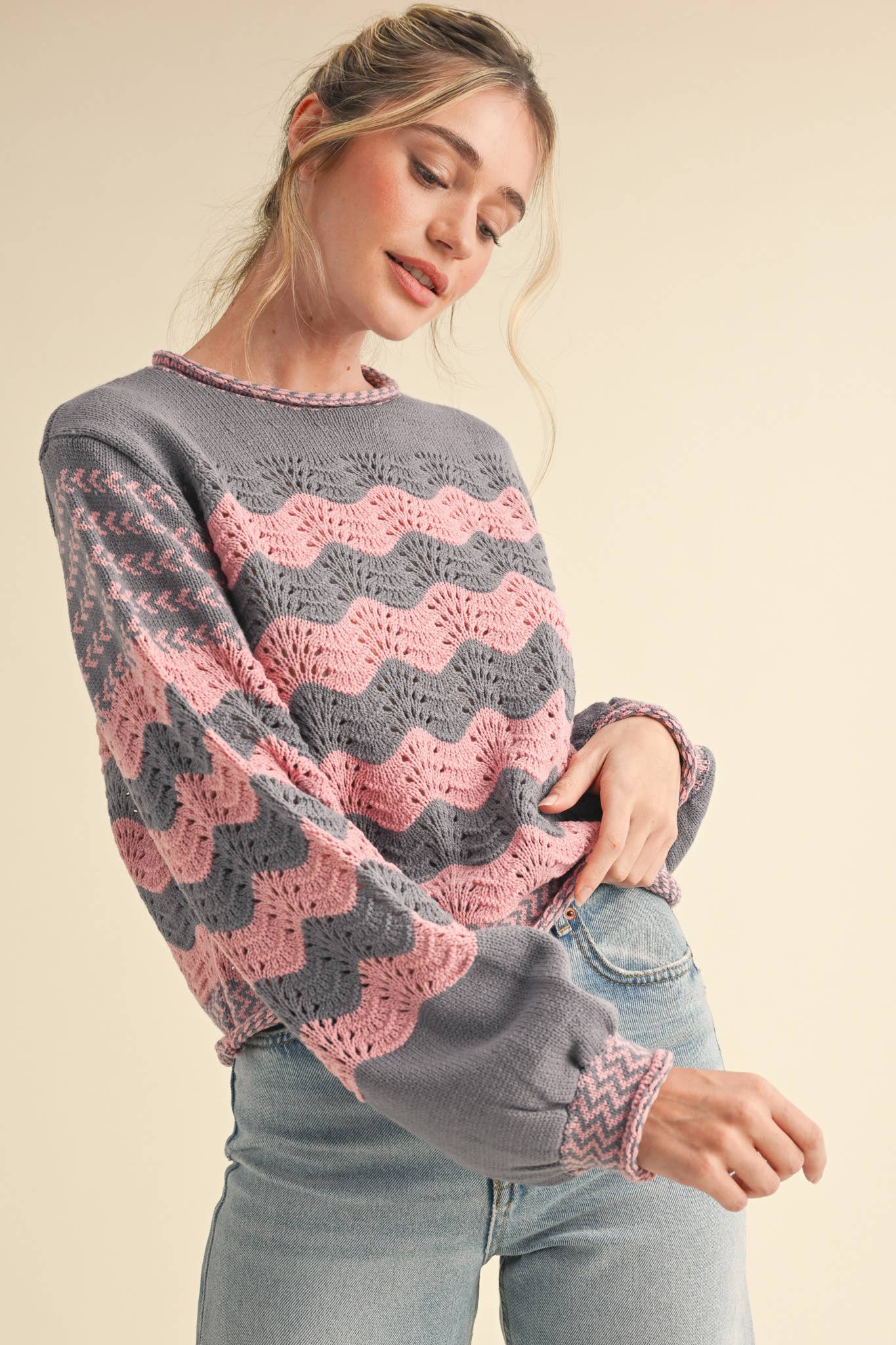 Wavy Striped Puff Sleeve Sweater
