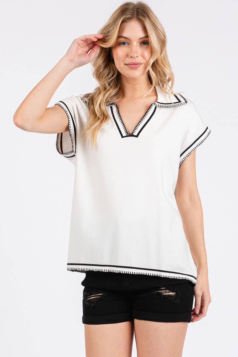 Knit Sleeveless Top with Pink Stitching