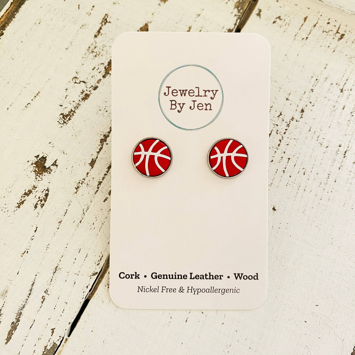 Stud Earrings: Red & White Basketball