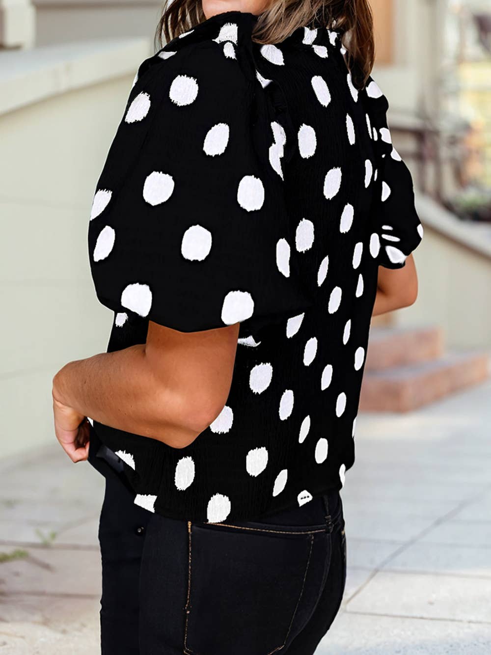 Polka Dot Balloon Sleeve Blouse