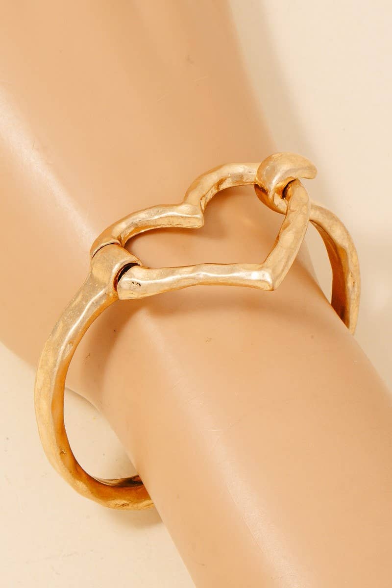 Hammered Heart Coil Spring Hook Bangle Bracelet