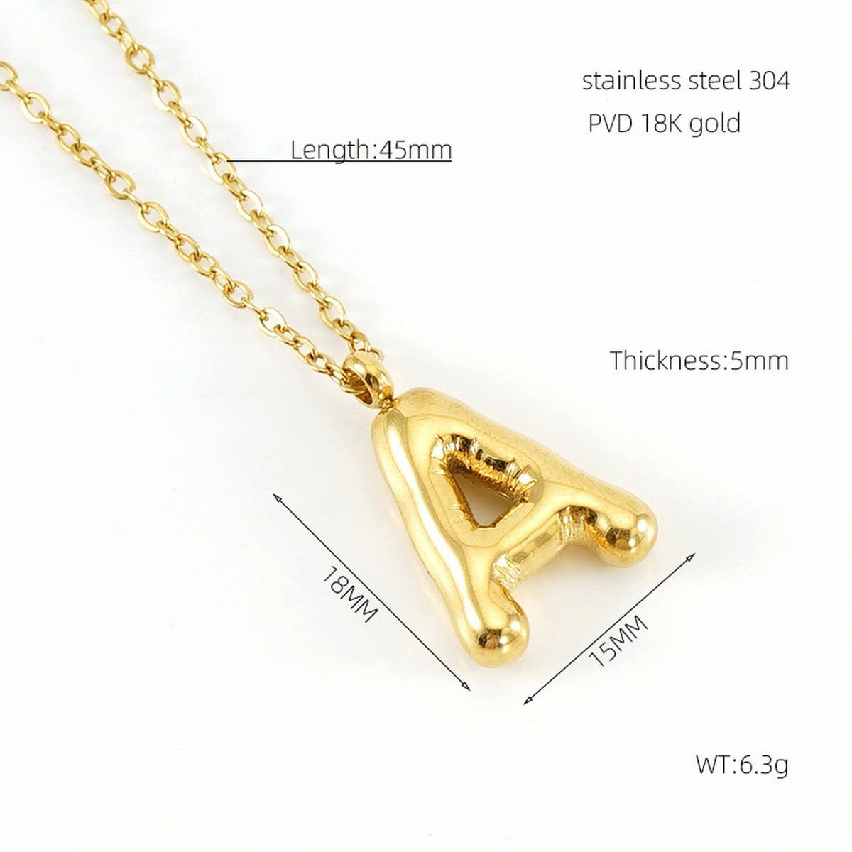 Stainless Steel Glossy Bubble Letter Necklace Gold