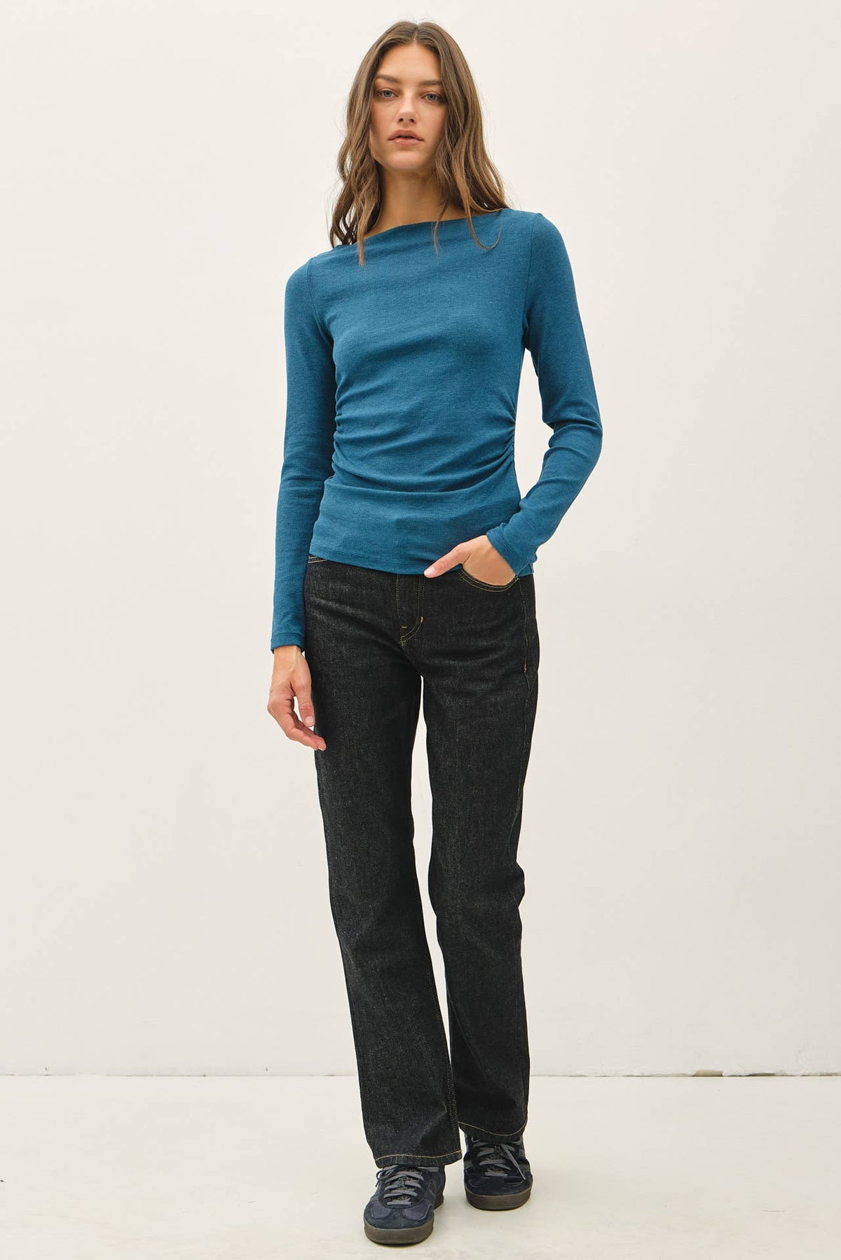 Classic Ribbed Boat Neck Shirred Waist Top