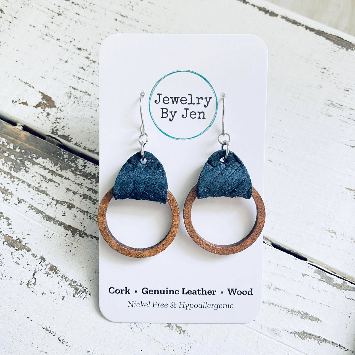 Wood Hoop Earrings: Navy Braided